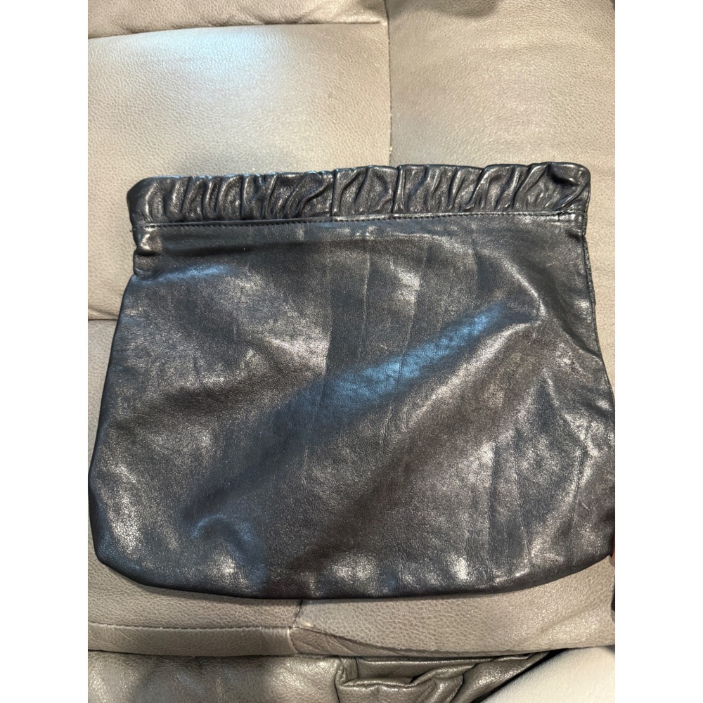 Paloma Picasso Vintage Black Leather Ruched Top Clutch Bag Gold Logo Zipper